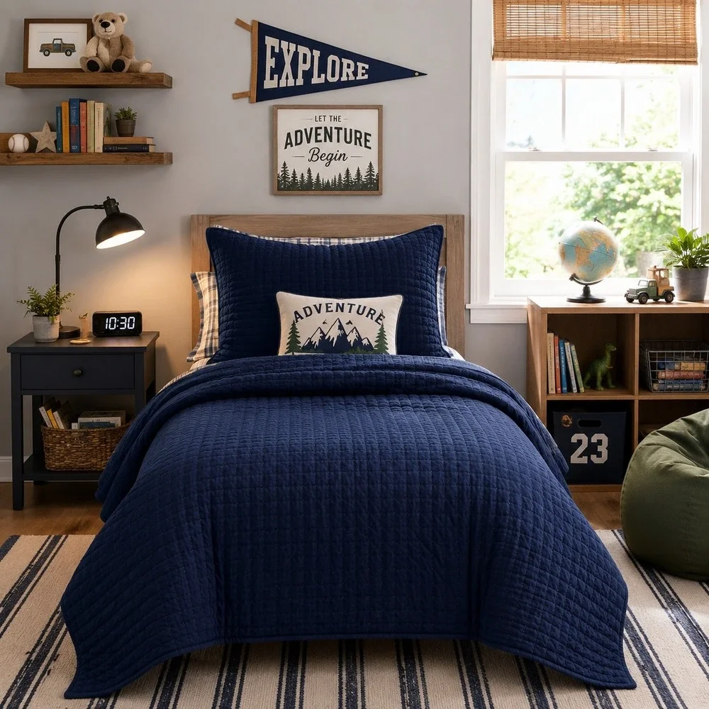 NEW Quince Hand Stitched Linen Cotton Quilt Set Twin Size Navy Blue Bedding 2pc